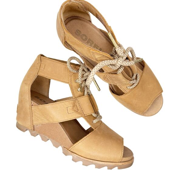 Sorel "Joanie" Brown Leather Lace-Up Wedge Sandal Size 7.5 - Picture 1 of 5